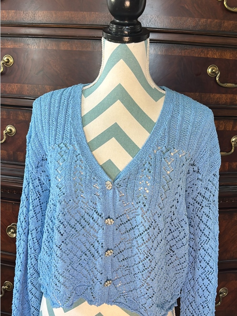 Zara light blue crochet sweater with rhinestone buttons size Small